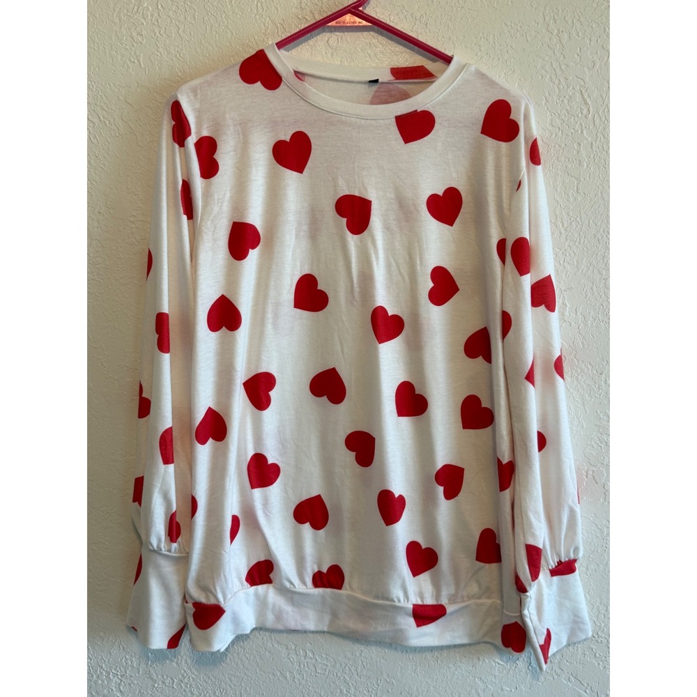 White Red Heart Print Long Sleeve Crewneck Top Romantic Casual Blouse M